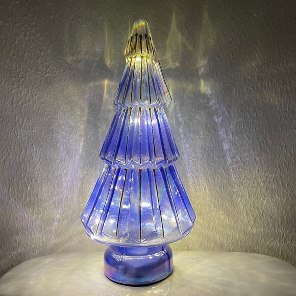 Illuminated Glass Christmas Tree 13.25in Blue & Gold Chic LED Holiday Decor New - Picture 14 of 15